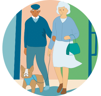 Illustration couple de séniors qui promène le chien