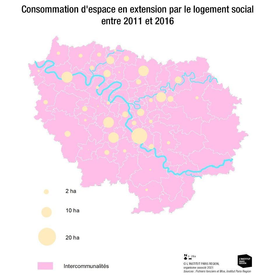 Carte représentant la consommation d'espace en extension par le logement social entre 2011 et 2016