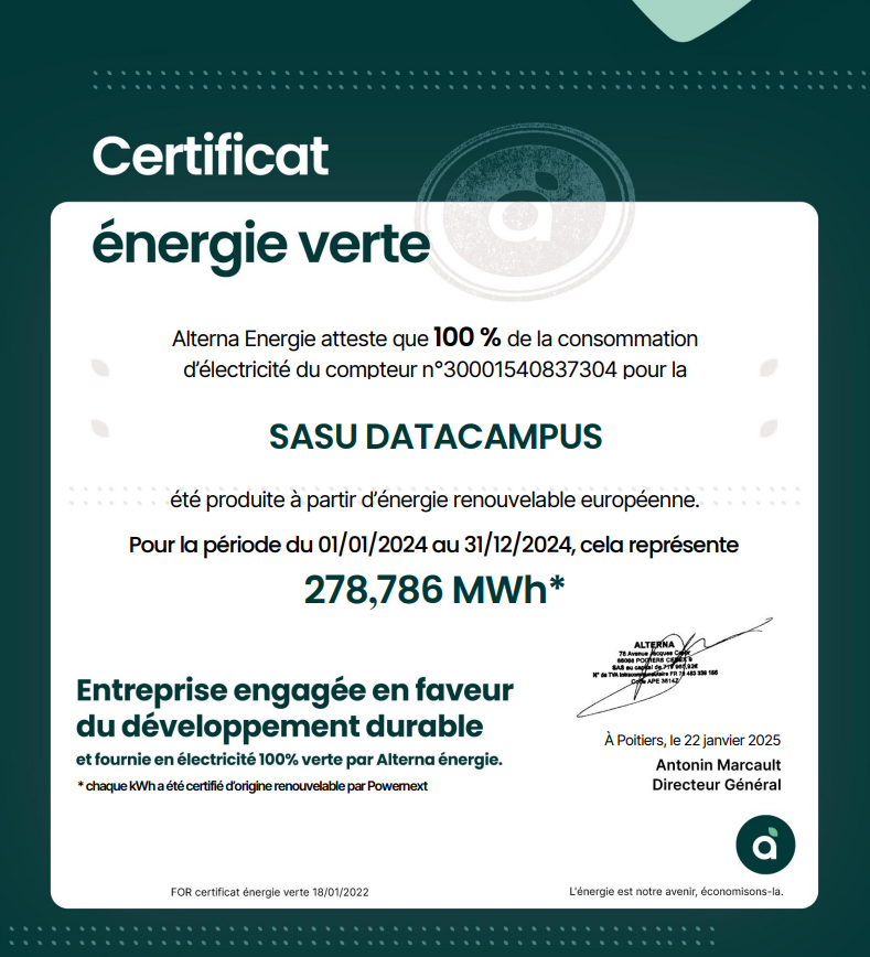 Certificat énergie verte délivré par Alterna Energie attestant que 100 % de la consommation d'électricité du compte n°30001540837304 pour la SASU DATACAMPUS a été produite à partir d'énergie renouvelable européenne entre le 01/01/2024 et le 31/12/2024, soit 278 786 MWh. Signature d'Antonin Marcault, Directeur Général, à Poitiers, le 22 janvier 2025.